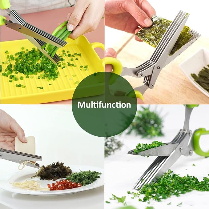 2 Pack Herb Scissors, Herb Scissors with 5 Blades and Cover, Multi Blade Kitchen Scissors for Cutting, Shredding and Cooking Cilantro Onion Salad Garden Herbs, Dishwasher Safety (Green)