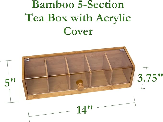 Lipper International 8187 Bamboo Wood and Acrylic Tea Box with 5 Sections, 14" x 5" x 3-3/4"