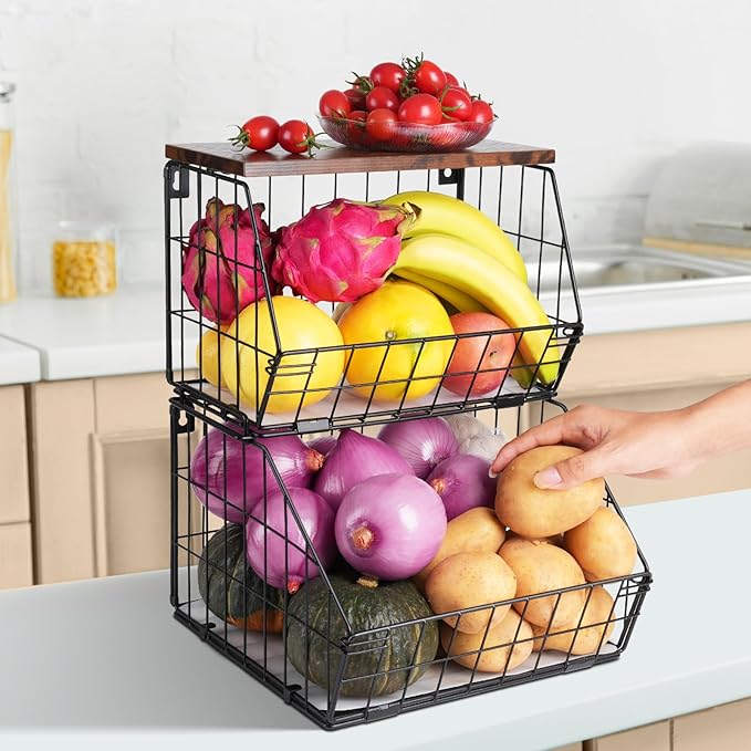 Wawocs 2 Tier Stackable Wall Mounted Hanging Basket, Fruit Basket for Kitchen Counter, Storage Bin with Wood Lid, Onion Storage, Fruit and Vegetable Storage, Countertop Organizer