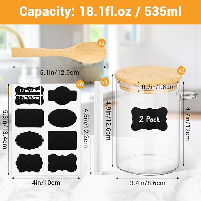 Glass Containers with Bamboo Lids and Spoon - 2 Pack 18 Fl.oz Glass Jar with Airtight Lids Set, Includes Labels and Marker, Pantry Storage Jars for Tea, Sugar, Coffee Bean, Cookie, Salad, Nuts