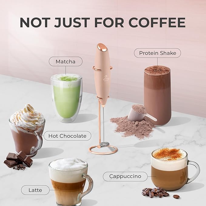 Zulay Kitchen Powerful Milk Frother Wand With 4 AA Duracell Batteries - Ultra Fast Handheld Drink Mixer - Electric Whisk Foam Maker for Coffee, Lattes, Cappuccino, Matcha & Creamer - Rose Peach