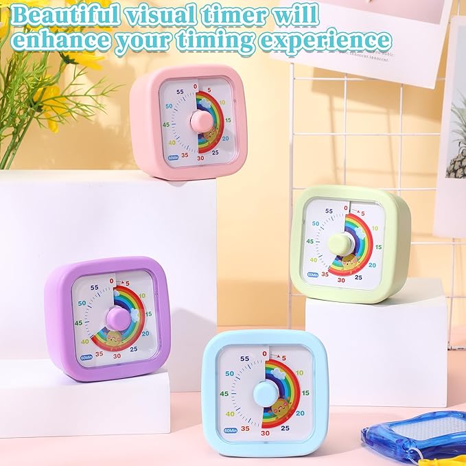 AmazingSpark 4 Pack Visual Timer 60 Minute Countdown Timer Colored Countdown Clock for Homeschool Supplies Study Tool, Classroom Home Office Time Management Tool(Rainbow,Purple, Blue, Pink, Green)