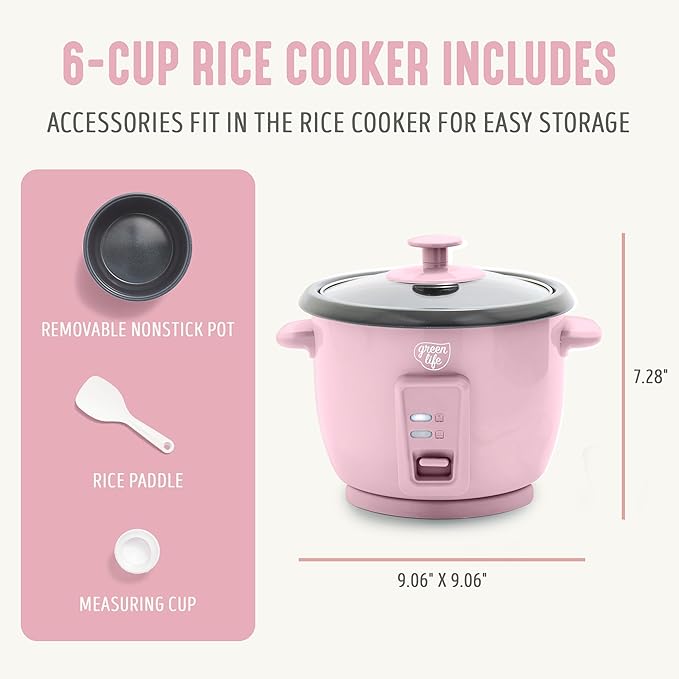 GreenLife Rice Cooker with Removable PFAS-Free Ceramic Nonstick Pot, 3-Cups Uncooked/6-Cups Cooked, Grains & Oatmeal Multicooker, Compact One-Switch Design, Auto Keep Warm, Easy Clean, Pink