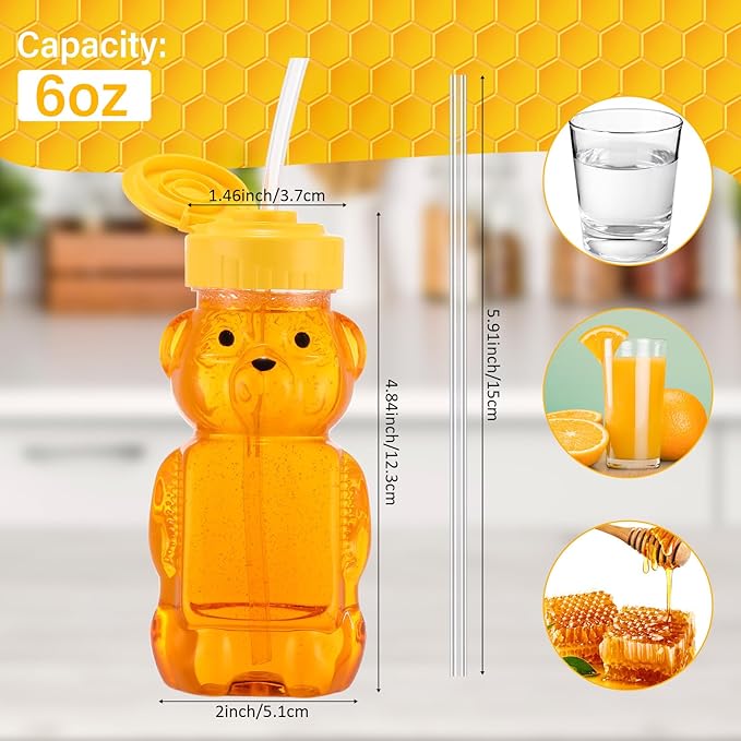 Thenshop 64 Pcs 6 oz Honey Bear Bottle and 64 Pcs Straws Plastic Honey Bear Straw Cup Honeybear Squeeze Jars Cute Empty Bottle for Syrup Sauce Juice Storing and Dispensing