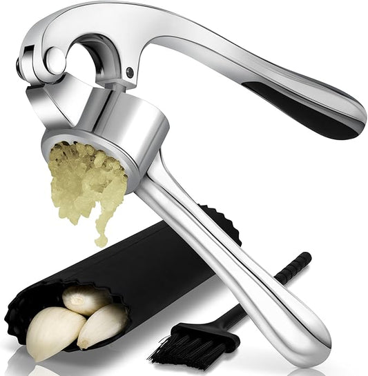 Premium Garlic Press, Garlic Mincer Set of 3 with Silicone Roller Peeler & Cleaning Brush, Extremely Durable Garlic Crusher, Ergonomic Handle, Extracts Most Garlic Paste Per Clove