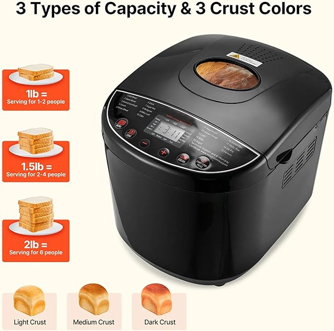 Bread Maker, 19-in-1 2LB Dough Machine, Nonstick Ceramic Pan Automatic Breadmaker with Gluten Free Setting, Automatic Compact Dough Machine Nonstick,Digital,3 Loaf Sizes, 2 Crust Colors, Black