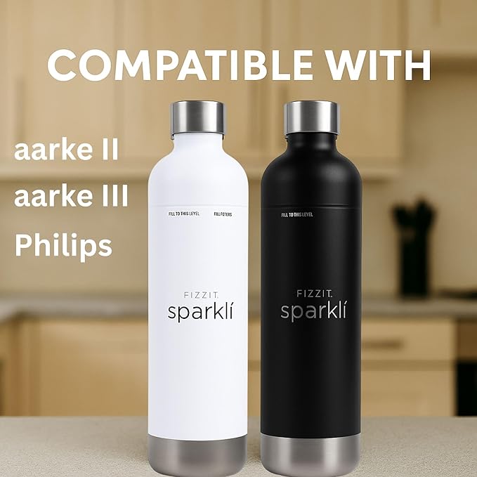 Fizzit Spärklï Carbonated Water Soda Maker in White with 2 Black Stainless Steel Bottles & 1 White Stainless Steel Bottle