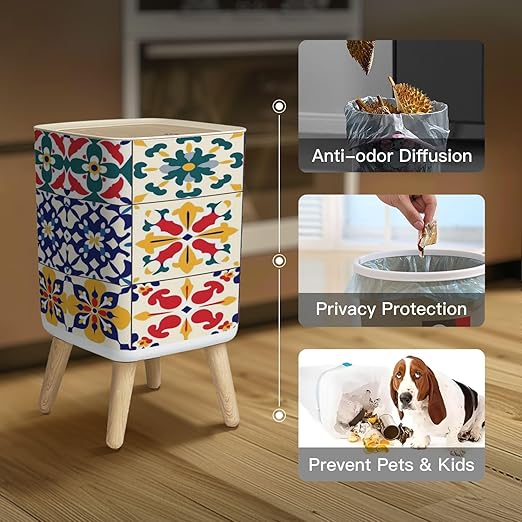 Small Trash Can with Lid Vintage tiles Traditional geometric ornate ceramic tiles seamless Wastebasket with Press Cover Dog Proof Garbage Can Waste Bin for Kitchen Bathroom Nursery 2.6 Gallon