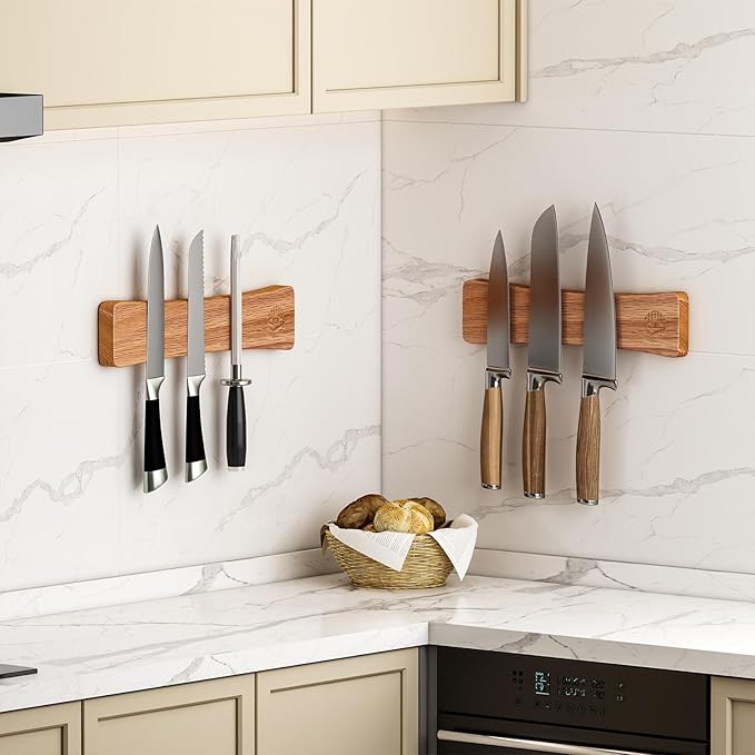 Knife Magnetic Strip, 10 Inch Solid Oak Magnetic Knife Holder for Wall with N52 Strong Magnets, Premium Magnetic Knife Strip Organizer for Kitchen Knives, Utensils & Tools
