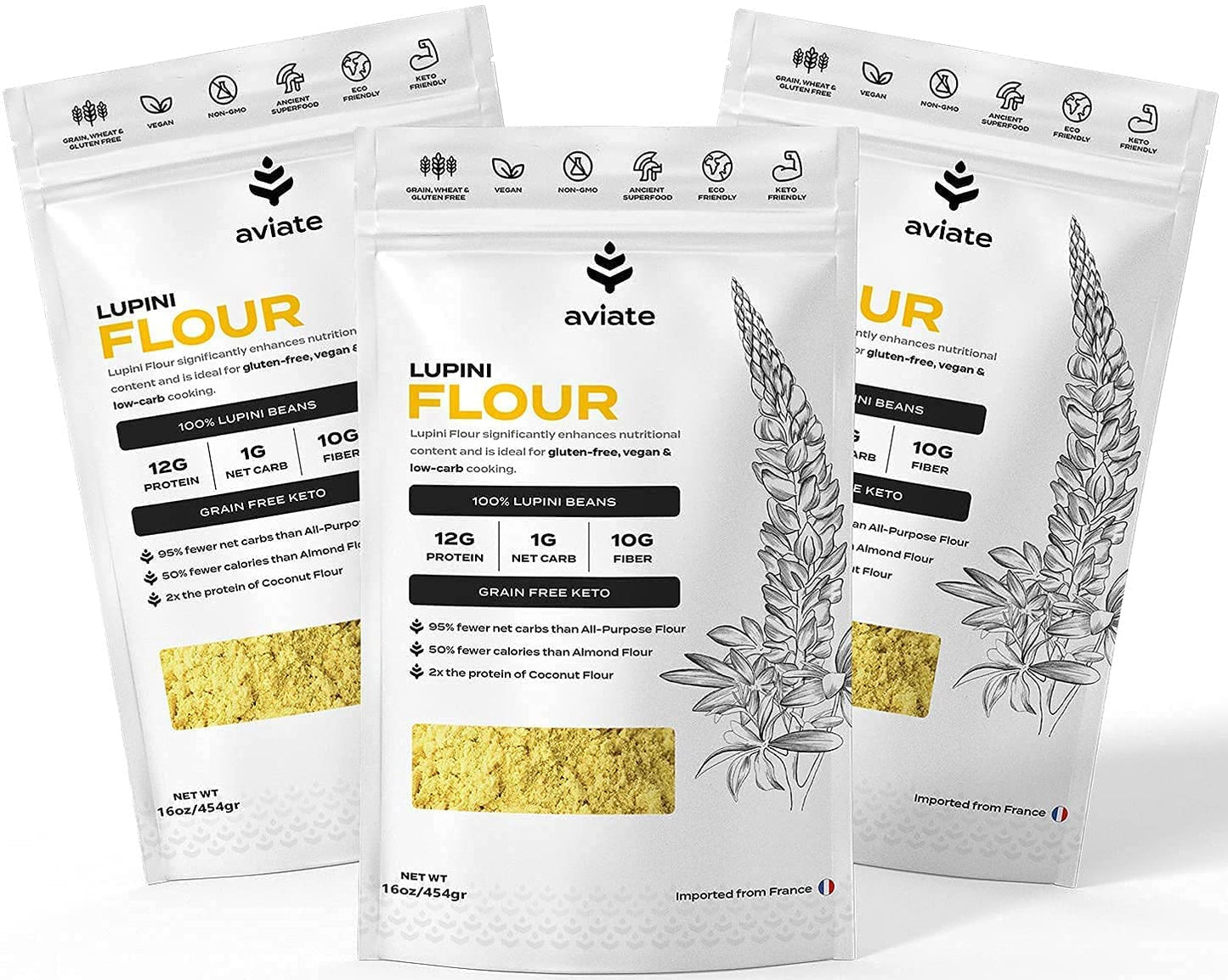 Aviate Lupini FLOUR - Keto & Vegan Friendly Superfood - Non-GMO, Gluten Free, Lupin Flour Keto, High Protein, Low Calorie & Low Carb - Rich in Dietary Fiber and Minerals - 100% Lupin Beans -16 Ounces (Pack of 3)