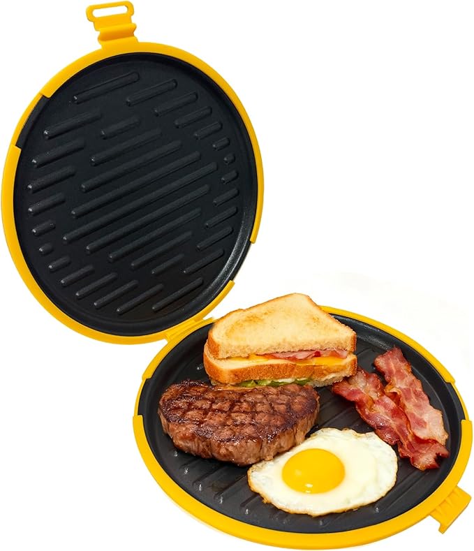9.5" Microwave Grill Pan & Crisper Tray - 5-in-1 Nonstick Sandwich Maker, Pizza Pan & Bacon Cooker with lid,Dishwasher Safe Griddle for Grilled Cheese - College Dorm Room & Office Essentials