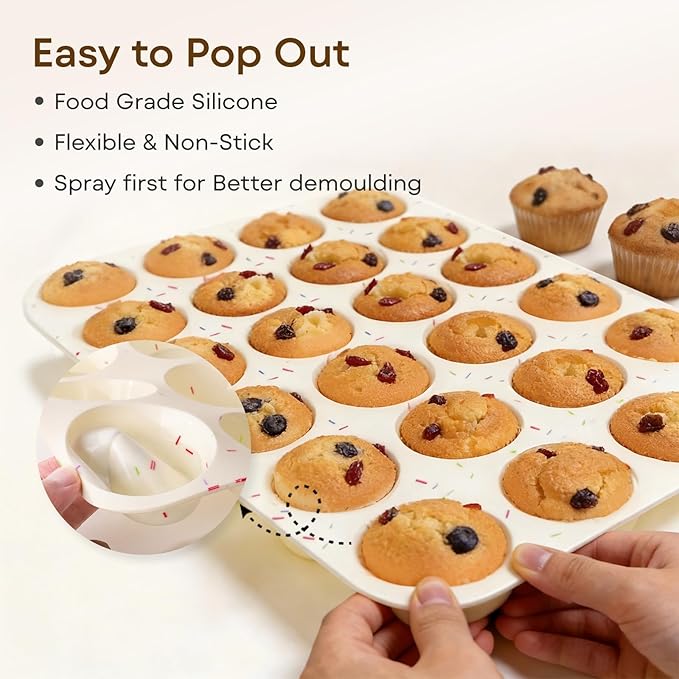 Silicone Muffin Pans for Baking Nonstick 2 Pcs, 24 Cup Mini Cupcake Pan, Food-Grade Silicone Baking Molds for Cupcakes, Freezer, White