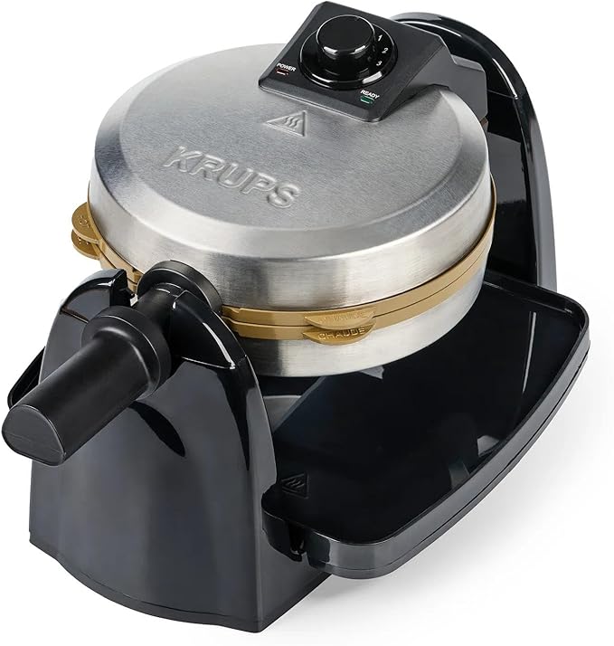 KRUPS Waffle Maker, Rotating Belgian Waffle Maker, 180° Flip Waffle Iron, Ceramic Non-Stick Plate, 3 Browning Control Levels, Foldable Cool Touch Handle, Removable Drip Tray, Stainless Steel