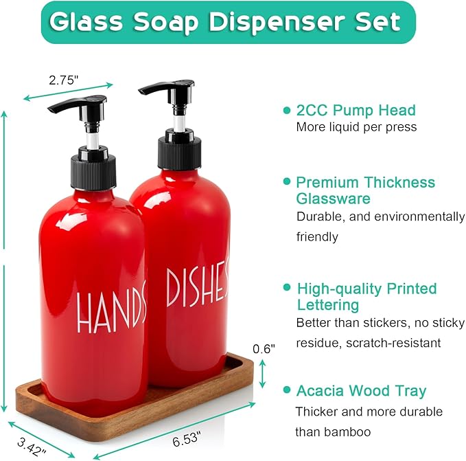 ALELION Red Dish Soap Dispenser for Kitchen - 16 OZ Glass Hand Soap Dispenser Set with Pump and Acacia Wood Tray - for Red Kitchen Decor or Accessories