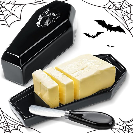 Reallnaive 2 Pcs Coffin Butter Dish with Lid Set with Butter Knife Black Gothic Skull Shape Ceramic Halloween Gothic Horror Kitchen Utensils Gift for Halloween Table Decoration Party Supplies(Flat)