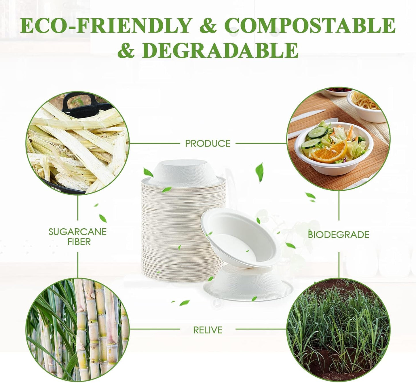 Vplus 200 Pack 12 OZ Paper Bowls, Disposable Compostable Bulk, Eco-friendly Bagasse, Heavy-duty Bowls Perfect for Milk Cereals, Snacks, Salads