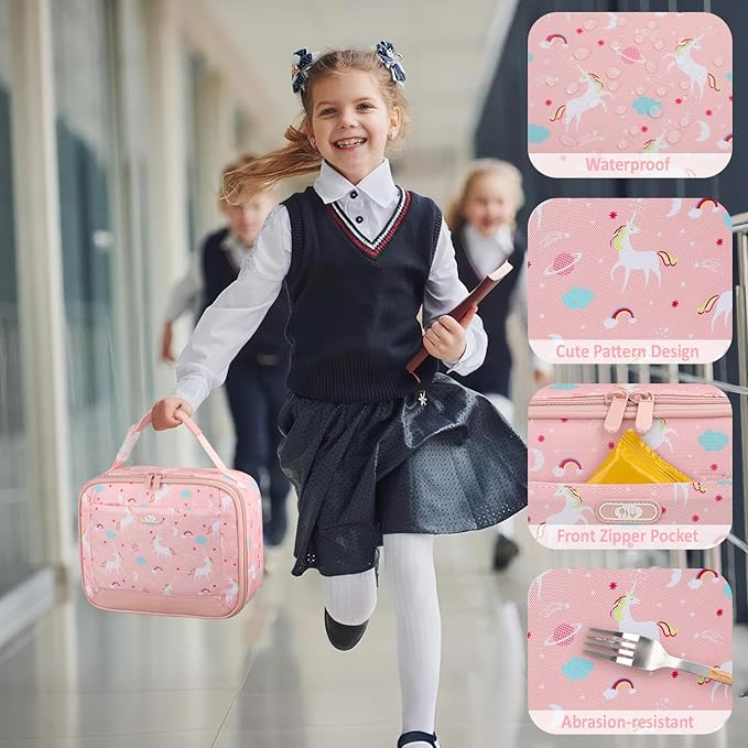 Lunch Box Kids Insulated Lunch Bag for Boys Girls Cute Reusable Lunch Tote Bag Waterproof Portable Thermal Lunch Box Kids for School Picnic Travel Pink Unicorns