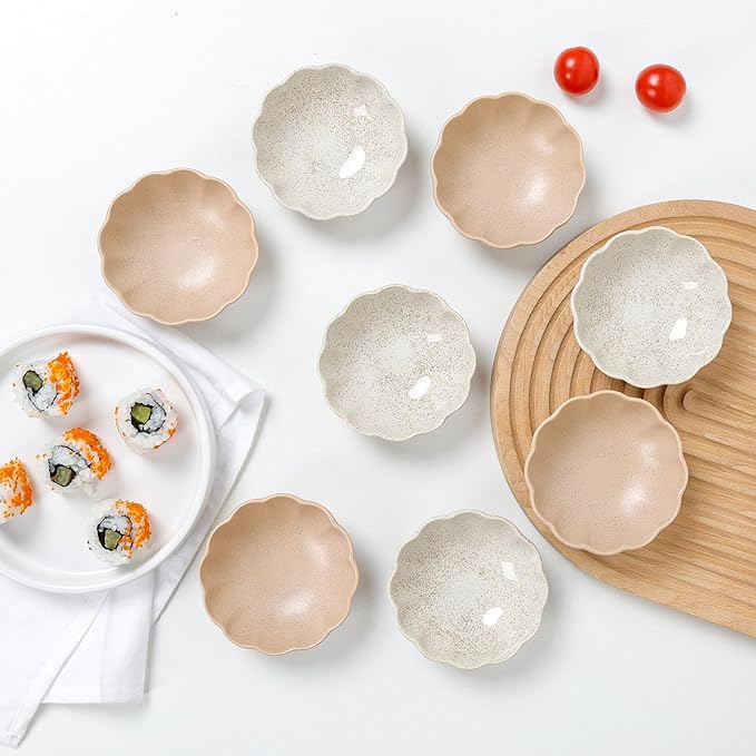Dipping Bowls Set of 8, Ceramic Soy Sauce Dishes, 3 oz Dipping Sauce Cups, chrysanthemum Round Small Side Dish Dishes for Dipping Sushi Tomato Soy Sauce Dish Condiment Finger Bowls