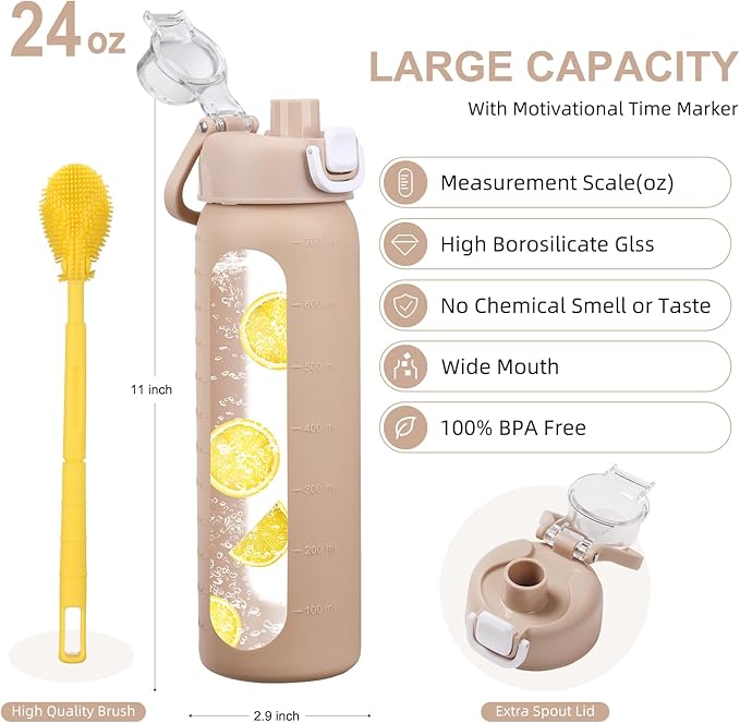 chunmo 24 oz Glass Water Bottles with 2 Lids-Handle Spout Lid & Straw Lid, Motivational Water Bottle with Time Marker and Silicone Sleeve,Leakproof-Amber-1 Pack