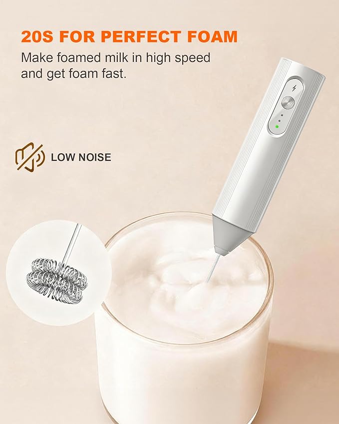 3-Speed Rechargeable Milk Frother with Cover, Dual Coil Whisk Coffee Frother Handheld - Portable Hand Frother Wand for Coffee Matcha Cappuccino & Hot Chocolate, Kitchen Gift, White