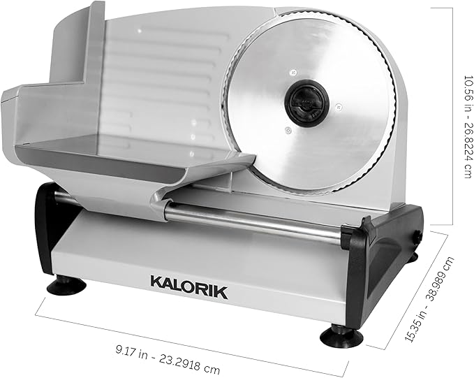 Kalorik Professional Electric Food and Meat Slicer Features Adjustable Thickness Control & Safety Pusher with Thumb Guard, Easy Clean Removable 7.5-Inch Blade, 200-Watts, Silver