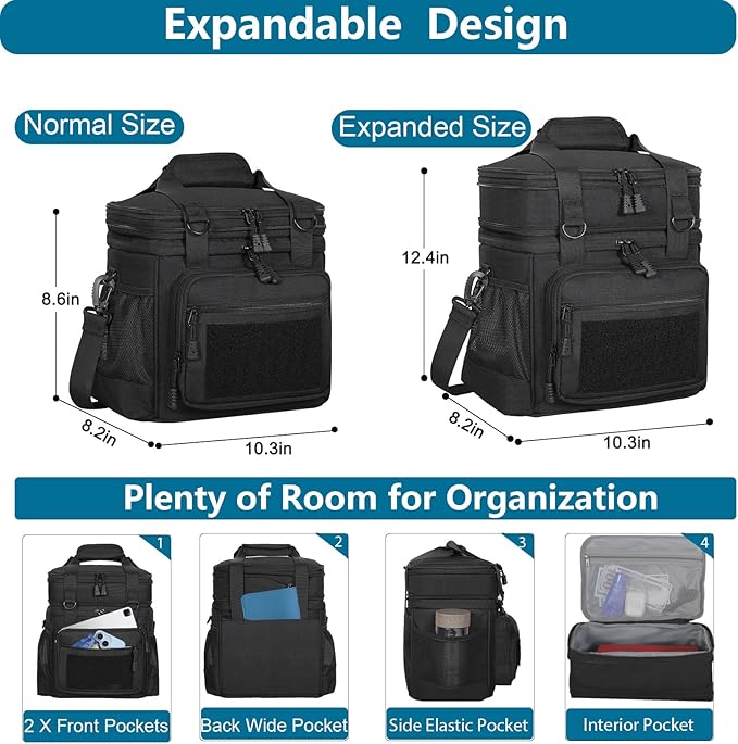Tactical Lunch Box Cooler Bag - Expandable Insulated Lunch Bag for Men Women - Large Lunchbox for Adults Work Shifts Outdoor Trips Black 16L