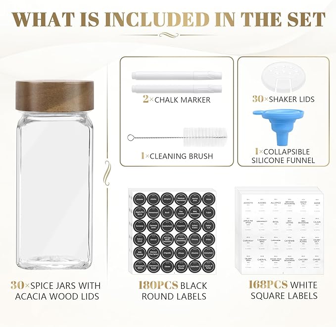 ZEHIQ 30Pcs 4oz Square Glass Spice Jars with Moisture-Proof Acacia Wood Lids, Food-Grade Seasoning Containers with Shaker Lids, 348 Labels, Markers, Funnel & Brush for Pantry Cabinet Drawer Storage