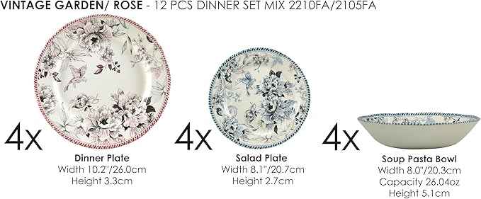Tudor Royal 12-Piece Porcelain Round Dinnerware Set, Service for 4, Vintage Garden, Floral, Plates Bowls Dishes, Premium Quality Tableware, Unique Pattern, Glossy