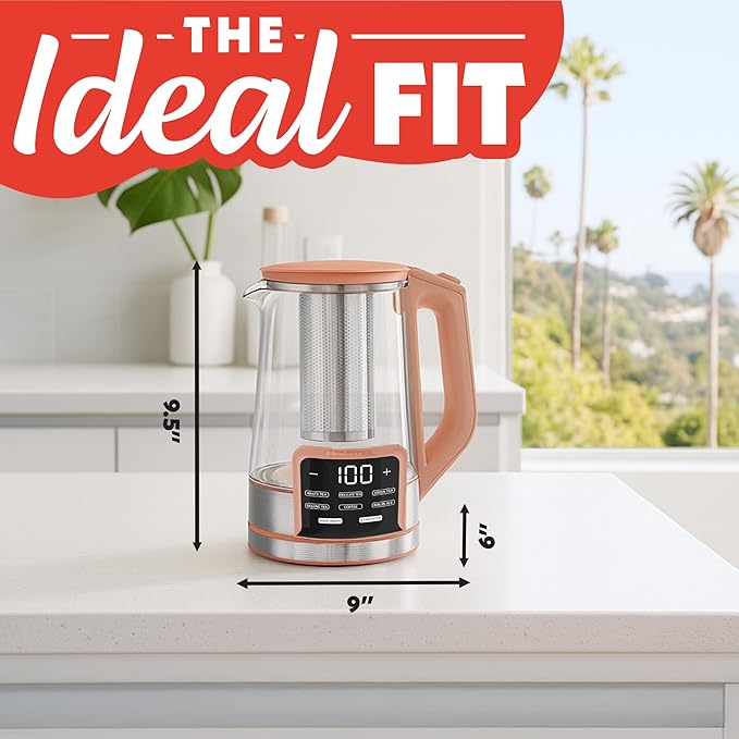 Gourmia Electric Glass Kettle – 1.7L Programmable Tea & Coffee Brewer with Digital Touch Display, 6 Presets, Removable Stainless Steel Infuser, Cordless with 360° Swivel Base, Peach