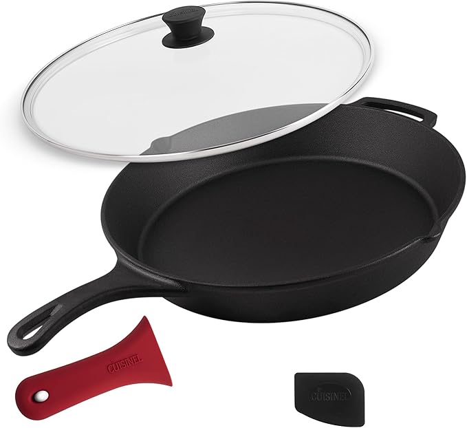 Cuisinel 15" Cast Iron Skillet + Glass Lid Cover + Pan Scraper + Heat-Resistant Silicone Handle Grip - Pre-seasoned Oven-Safe Kitchen Cookware - Indoor/Outdoor - Camping, Grilling, BBQ, Oven Safe