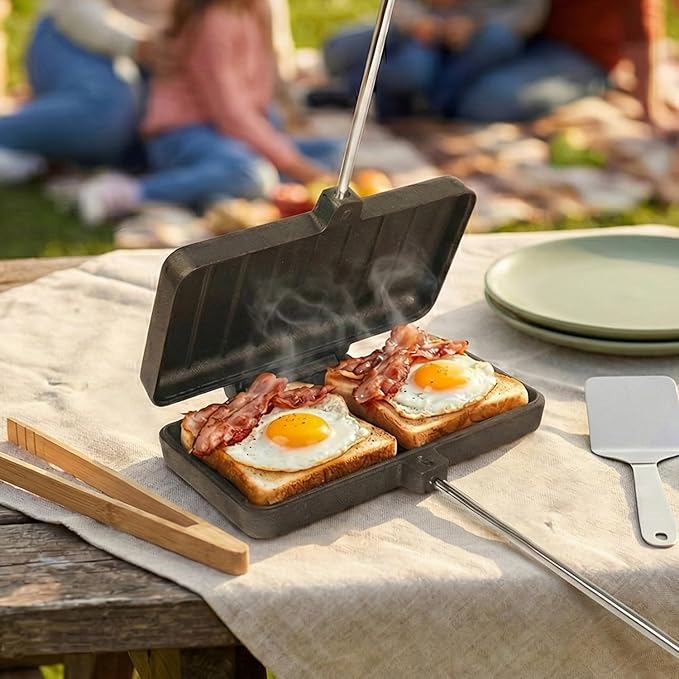 Campfire Pie Iron 4.9" & 8.6" Large Cast Iron Sandwich Maker for Camping 2 Pcs with Storage Bag - 22.6 inch Thickened Handles - Campfire Cooking Equipment for Grilling & Outdoor Cooking
