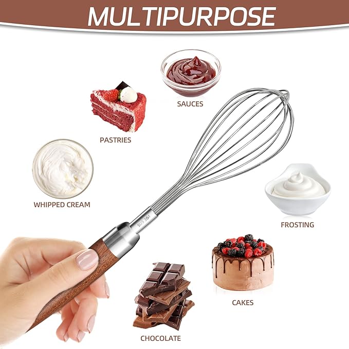 Stainless Steel Wire Cooking Whisk, Multi Function Kitchen Hand Whisk Non Stick Balloon Whisk Egg Beater for Blending Whisking Beating Frothing Stirring Batters,Wooden Handle (11""L x 2.1""W)