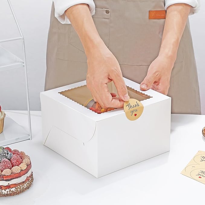 Small Cake Boxes 8 Inch with Window, 4 Set Bakery Boxes with Cake Boards & Stickers, Cupcake Box for Birthday, Party, Wedding, Mother's Day, Valentine's Day, Christmas（8x8x5 inch）