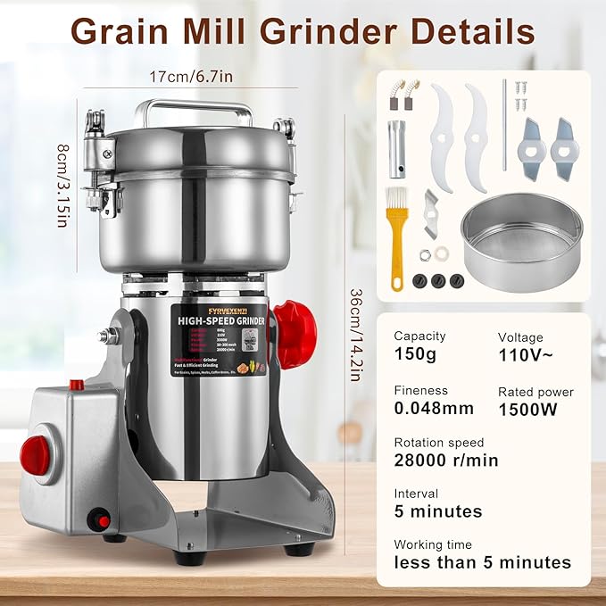 Electric Grain Grinder – High-Speed 800g Stainless Steel Food Mill & Pulverizer for Nuts, Rice, Grains, Herbs & Spices – Flour, Wheat Berry & Nut Crusher for Home & Commercial Kitchens (800g)