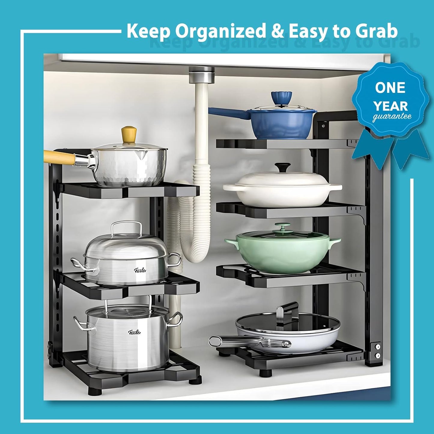 2 Pack Pot and Pan Organizer Rack, Heavy Duty Carbon Steel, Adjustable Tiers, Rustproof, Space Saver