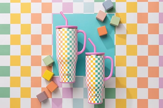 Swig Life 40oz Mega Mug, 40 oz Tumbler with Handle and Straw, Cup Holder Friendly, Dishwasher Safe, Extra Large Insulated Tumbler, Stainless Steel Checkered Water Bottle (Check Mate)