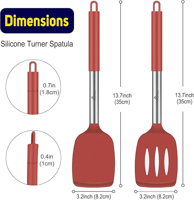 HOTEC Silicone Spatula Set of 2 Heat-Resistant 600°F & BPA-Free Kitchen SaptulaTurner with Stainless Steel Handles, Slotted & Solid Spatulas for Nonstick Cookware, 13.7 Inch, Red
