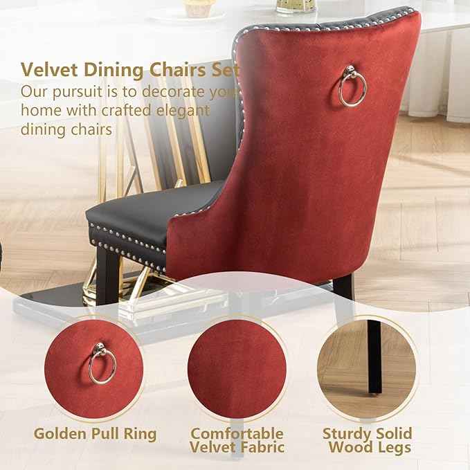 Dining Chairs Set of 2, Upholstered Dining Room Chairs with Back Ring Pull Trim and Solid Wood Legs, Modern Tufted Kitchen Chairs Perfect for Dining Room, Black Pu Leather Splicing WineRed Velvet