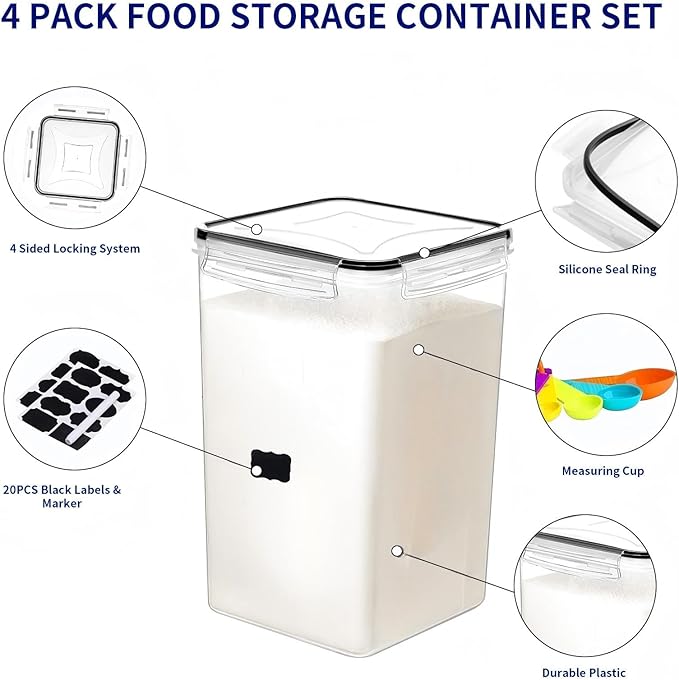 2 Pieces 6.5L / 220 oz Large Food Storage Containers, BPA Free Plastic Airtight Canisters for Flour, Sugar, Baking Supplies, Rice with Lids, Measuring Cups and Labels, Black