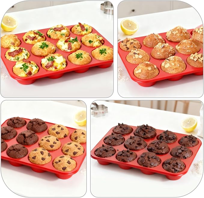 Silicone Muffin Pan for Baking: 24 Cup Muffin Pan with Metal Reinforced Frame, Regular Size Cupcake Egg Bites Molds for Baking, BPA Free Silicone Muffin Tray, Dishwasher Safe (2 Pack, Red)