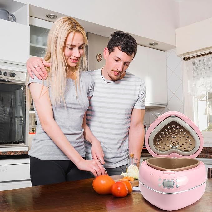 Heart Shaped Pink Rice Cooker, Small Multifunctional Peach Heart Shape 300W High Power, Preset Timer, Automatic Heat Preservation, Cute Rice Cooker for New Year, Valentine's Day Gifts (1.8L, 4Cups)