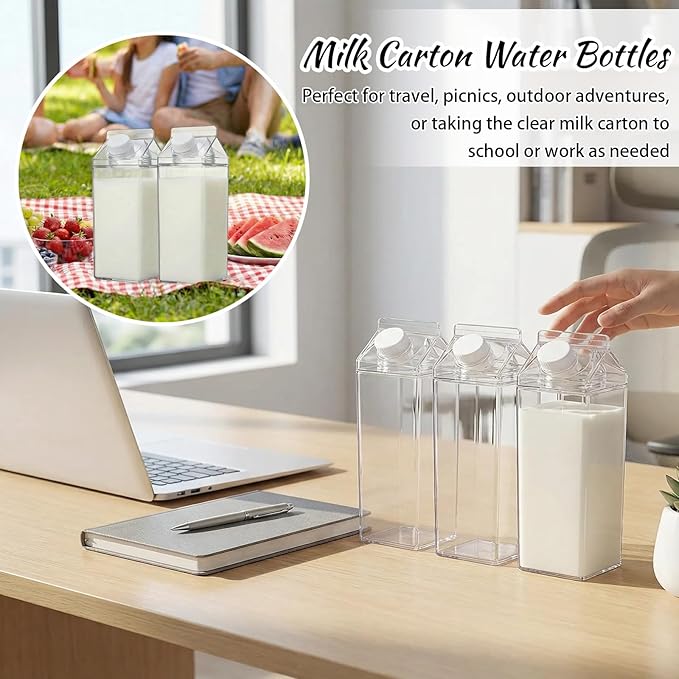 3 Pcs 64 Oz Large Clear Milk Carton Container with Brushes Labels and Pen Square Plastic Milk Water Bottle for Outdoor Camping or Climbing Tour