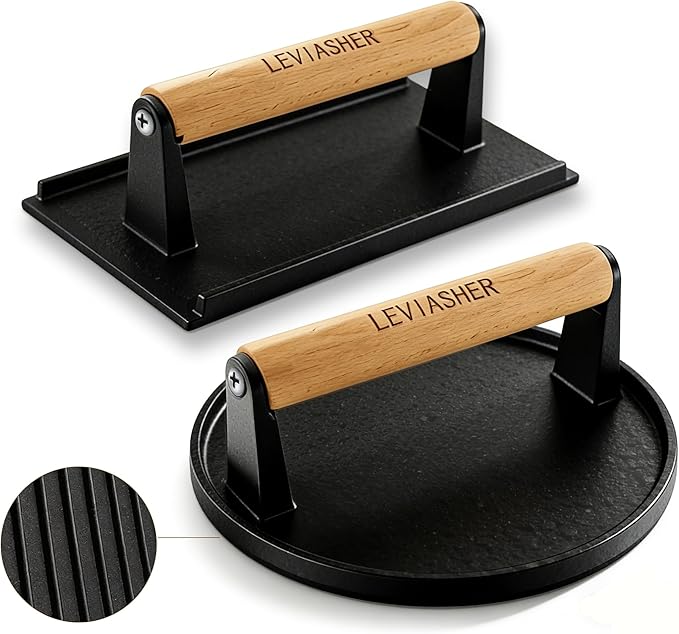 2.2 lb Heavy Duty Cast Iron Grill Press, 6.69 in Round 7.8X3.9in Rectangle Burger Press with Wood Handle for Blackstone, Griddle, Chef, Camp, Panini, Vegetable, Bacon, Sandwich, BBQ