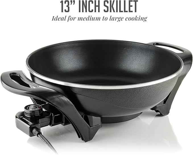 OVENTE Electric Wok with Nonstick Coating, 13 Inch Family-Sized Skillet, 1400W Power, Adjustable Temperature, Tempered Glass Lid, Cool Touch Handles and Easy to Clean Frying Surface, Black SK3113B