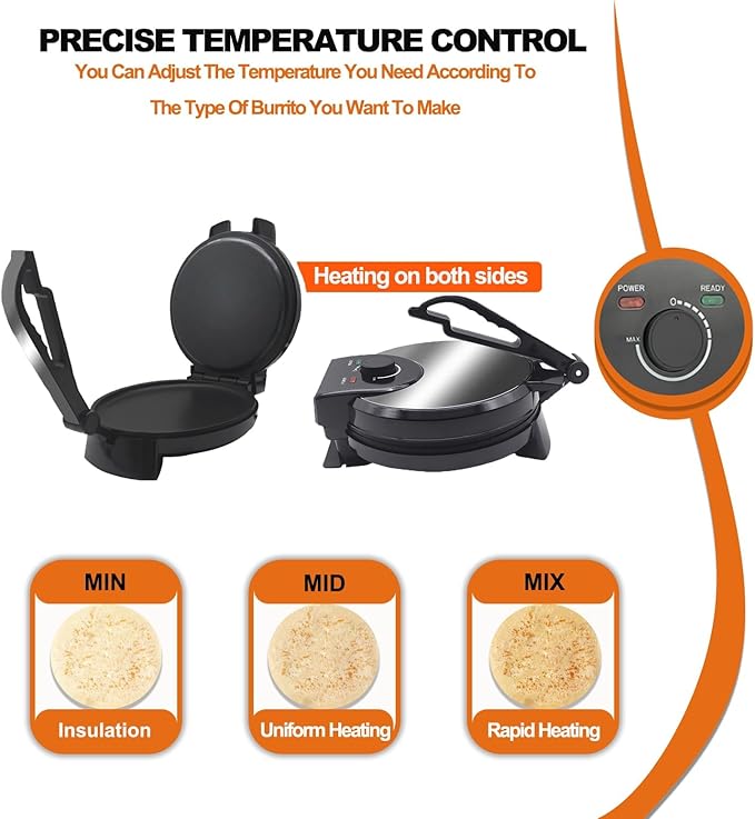 10" 1200W Electric Tortilla Press & Chapati Maker - for Roti, Crepes, Grilling | Includes Warming Bag & Spatula (Black)