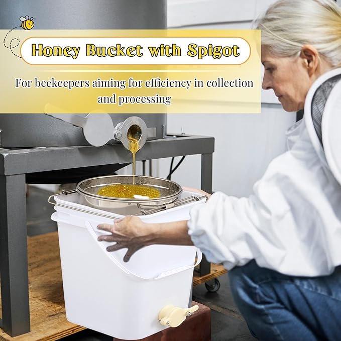 Threehoney 3 Gallon Honey Bucket with Spigot and Stainless Steel Filters Set Honey Extractor Equipment Food-Grade Bucket with Spigot for Bee Keeping Supplies Extracting Storage (White,3 Gallon)
