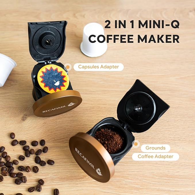 RECAFIMIL MINI Q 2-in-1 Single Serve Coffee Maker - Brew K-Cups or Ground Coffee (4-8 oz) - Compact Americano Coffee Brewer with Reusable Filter (Grey)
