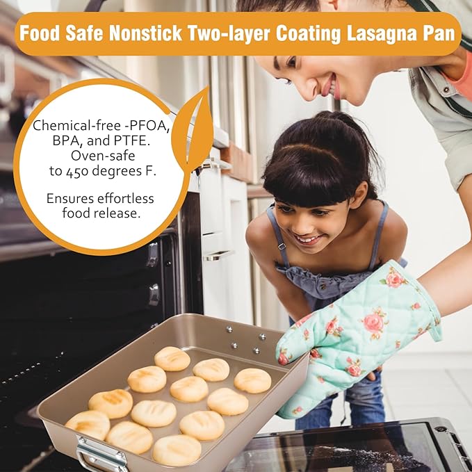 Roasting Pans with Handles, Bakeware Nonstick Steel Roaster with Flat Rack, Lasagna Pan 3 Inch Deep Baking Pan for Oven, Rectangle Cake Pans, Heavy Duty, Dishwasher Safe, 2 Pcs 13.7"16", Gold