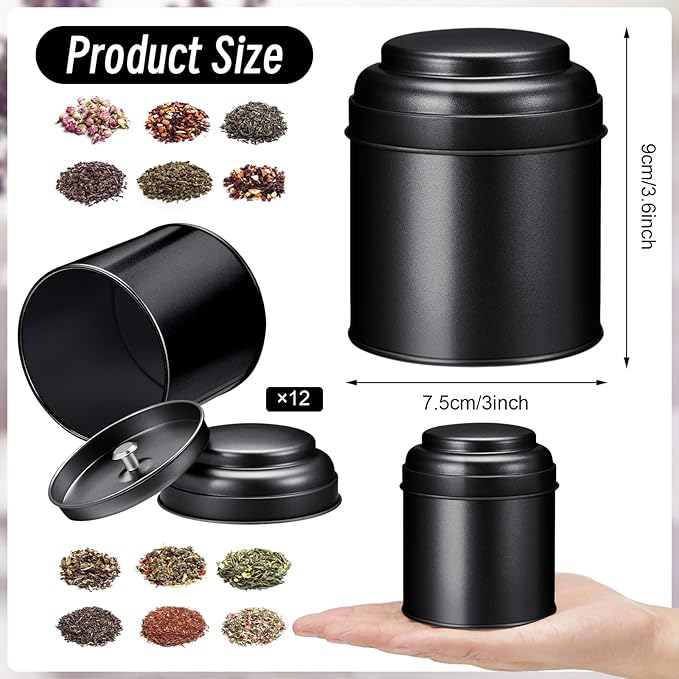 Meanplan 12 Pcs Tea Tin Canister with Airtight Double Lids Round Tin Can Box Small Kitchen Tea Canister Loose Leaf Storage Containers for Loose Bags Coffee Sugar Candy Spices(Black,8 oz)