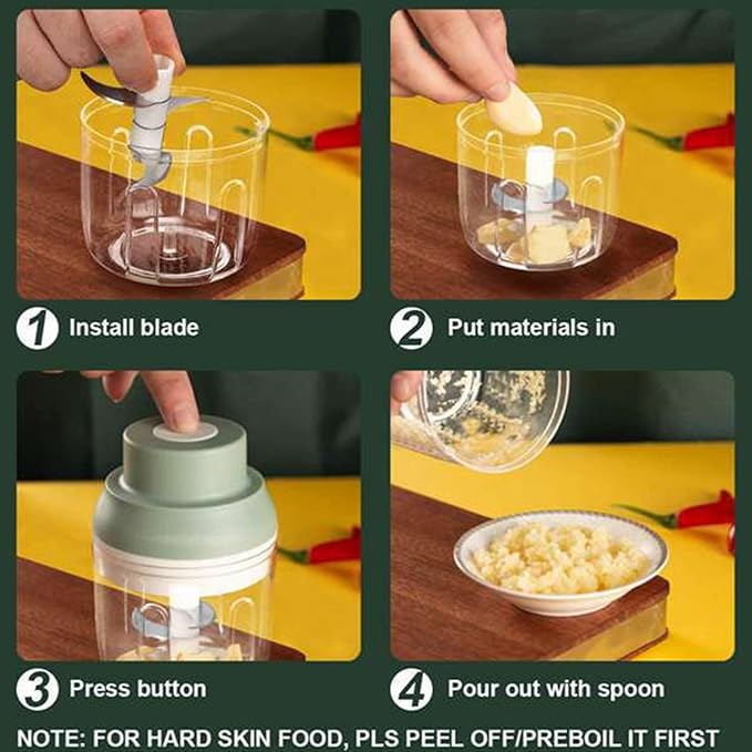 Electric Mini Garlic Chopper, USB Charging Cordless Food Processor, Mini Portable Veggie Chopper for Ginger, Chili, Fruit, Meat, Garlic Grinder Masher with 3 Blades(Green)